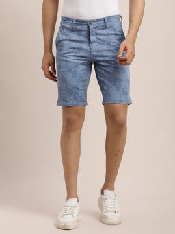 Turtle - Men Cotton Stretch Printed Steel Blue Casual Shorts