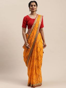 Vastranand - Mustard & Maroon Printed Bandhani Saree with Unstitched Blouse