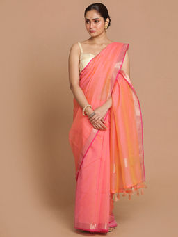 Indethnic - Banarasi Coral Solid Daily Wear Saree With Unstitched Blouse