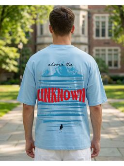 Bewakoof - Men's Chambray Blue Be The Penguin Graphic Printed Oversized T-shirt