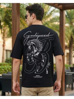 Bewakoof - Men's Jet Black God Speed Graphic Printed Oversized T-shirt