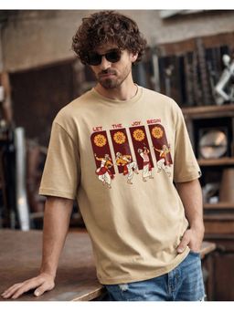 Bewakoof - Ginger Root Brown Let The Joy Begin Graphic Printed Oversized T-Shirt