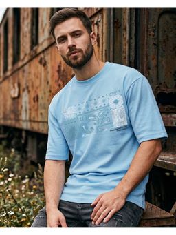 Bewakoof - Men'S Chambray Blue Motif Graphic Printed Oversized T-Shirt