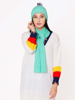 Bharatasya - Blue Ultra Soft Ribbed Pom-Pom Winter Cap and Muffler (Set of 2)