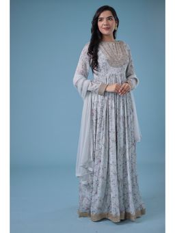 Zari Jaipur - Grey Printed Dress with Dupatta (Set of 2)