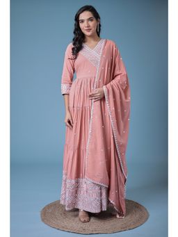 Zari Jaipur - Peach Embroidered Kurta with Dupatta (Set of 2)
