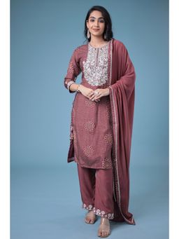 Zari Jaipur - Brown Embroidered Kurta, Pants with Dupatta (Set of 3)