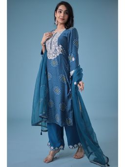 Zari Jaipur - Blue Embroidered Kurta, Pants with Dupatta (Set of 3)