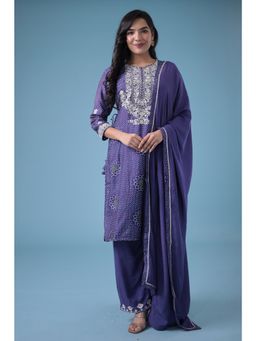 Zari Jaipur - Purple Printed Kurta, Pants with Dupatta (Set of 3)