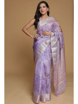 Zari Jaipur - Lavender Floral Printed Saree with Unstitched Blouse
