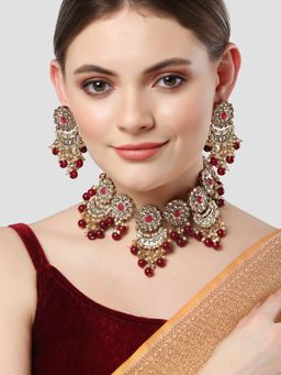 Karatcart - Gold Plated Red Beads Kundan Choker Necklace Set for Women