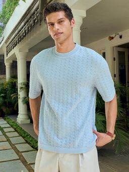 Andamen - Men Textured Cotton Relaxed Fit Crew Neck Blue T-Shirt