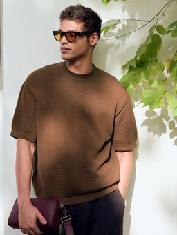 Andamen - Men Textured Cotton Relaxed Fit Crew Neck Brown T-Shirt