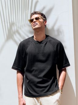 Andamen - Men Structure Cotton Relaxed Fit Crew Neck Black T-Shirt