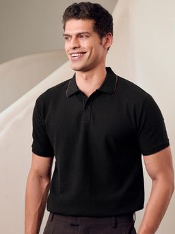Andamen - Men Textured Cotton Regular Fit Black Polo T-Shirt