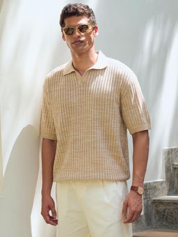 Andamen - Men Textured Cotton Relaxed Fit Khaki Polo T-Shirt