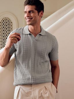 Andamen - Men Textured Cotton Regular Fit Grey Polo T-Shirt