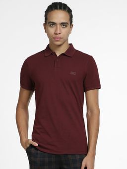 Jack & Jones - Maroon Logo Print Polo Neck T-shirt