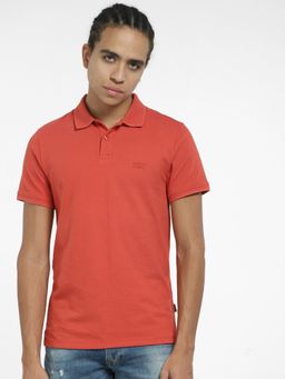 Jack & Jones - Rust Red Logo Print Polo Neck T-shirt