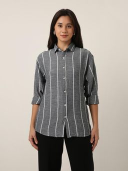 BLNK - Grey Linen Blend Stripes Shirt