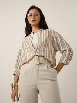 BLNK - Beige Stripes Mandarin Collar Shirt