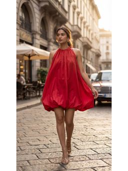 Loveprasha - Solid Balloon Style Hot Red Mini Dress
