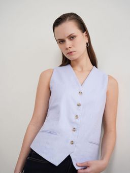 FABLE STREET - Blue Cotton Linen Tailored Fit Sleeveless V Neck Buttoned Top