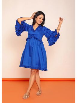 Loveprasha - Blue Solid Ruffled Knee Length Dress