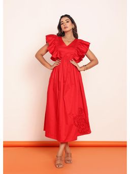 Loveprasha - Red Ruffled Sleeeve Midi Dress