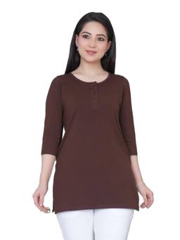 MLADA - Womens Brown Round Neck Solid Cotton Henley Top