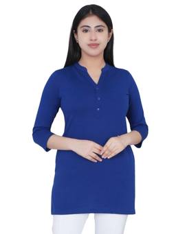 MLADA - Womens Blue Solid Long Cotton Pockets Top