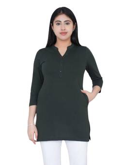 MLADA - Womens Olive Solid Long Cotton Pockets Top