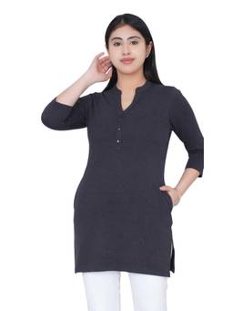 MLADA - Womens Blue Solid Long Cotton Pockets Top
