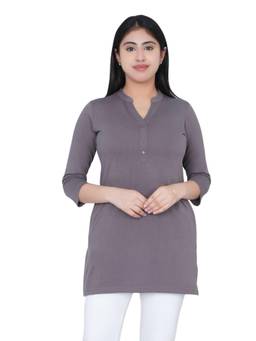 MLADA - Womens Grey Solid Long Cotton Pockets Top