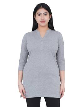 MLADA - Womens Grey Solid Long Cotton Pockets Top