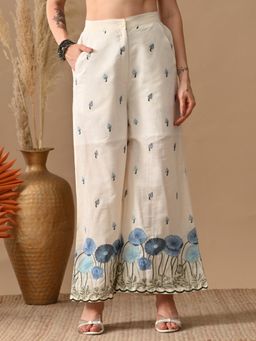 MYSHKA - Womens Blue Thread Floral Embroidered Flared Palazzo