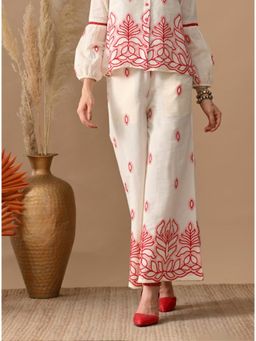 MYSHKA - Womens Red Floral Embroidered Smart Flared Trouser