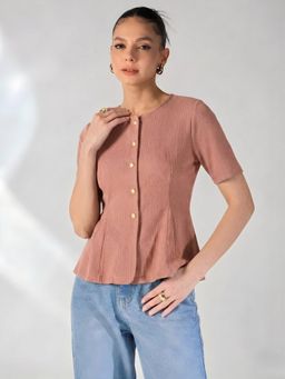 Uptownie - Brown Stretchable Button Front Fitted Top