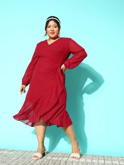 KASSUALLY - CURVE BY KASSUALLY Red Wrap Neck Layerd Dress