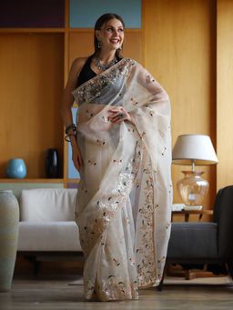 Odette - Beige Organza Embroidery Saree with Unstitched Blouse