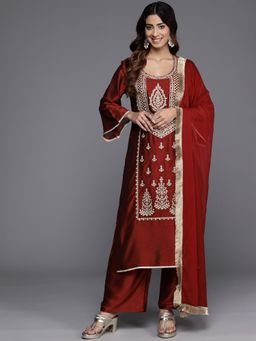 Varanga - Women Pakistani Embroidered Maroon Kurta With Palazzo & Dupatta (Set Of 3)