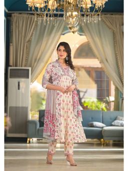 Varanga - Women Workwear Floral Off White Anarkali Kurta With Pant & Dupatta (Set Of 3)