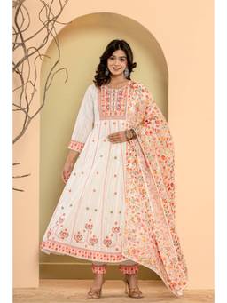 Varanga - Women Embroidered White Anarkali Kurta With Pant & Dupatta (Set of 3)
