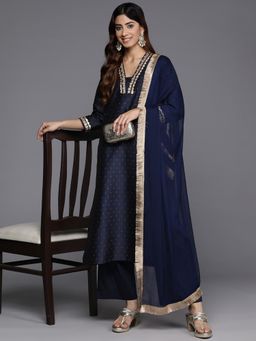 Varanga - Women Navy Blue Kurta With Palazzo & Dupatta (Set of 3)