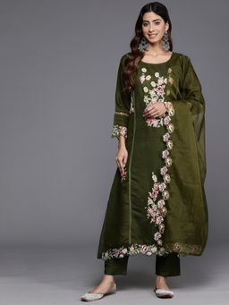 Varanga - Women Pakistani Embroidered Olive Kurta With Pant & Dupatta (Set Of 3)