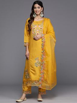 Varanga - Women Pakistani Embroidered Mustard Kurta With Pant & Dupatta (Set Of 3)