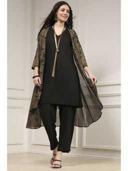 Biba - Women Black Viscose Rayon Straight Kurta and Pant with Jacket