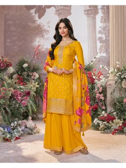 Seerat - Mustard Jacquard Straight Kurta with Palazzo And Dupatta
