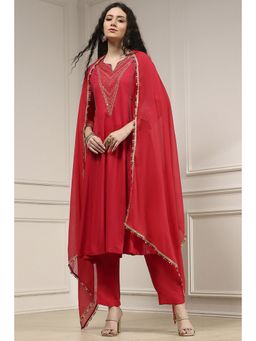 Biba - Women Red Viscose Rayon Solid Kurta and Pant with Dupatta