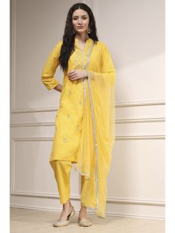 Biba - Women Yellow Cotton Straight Solid Kurta and Pant with Dupatta